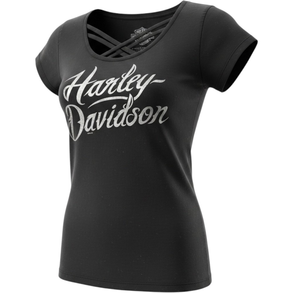Harley Davidson T-Shirt Womens L Black Excellent Strappy Neck Logo Graphic Tee